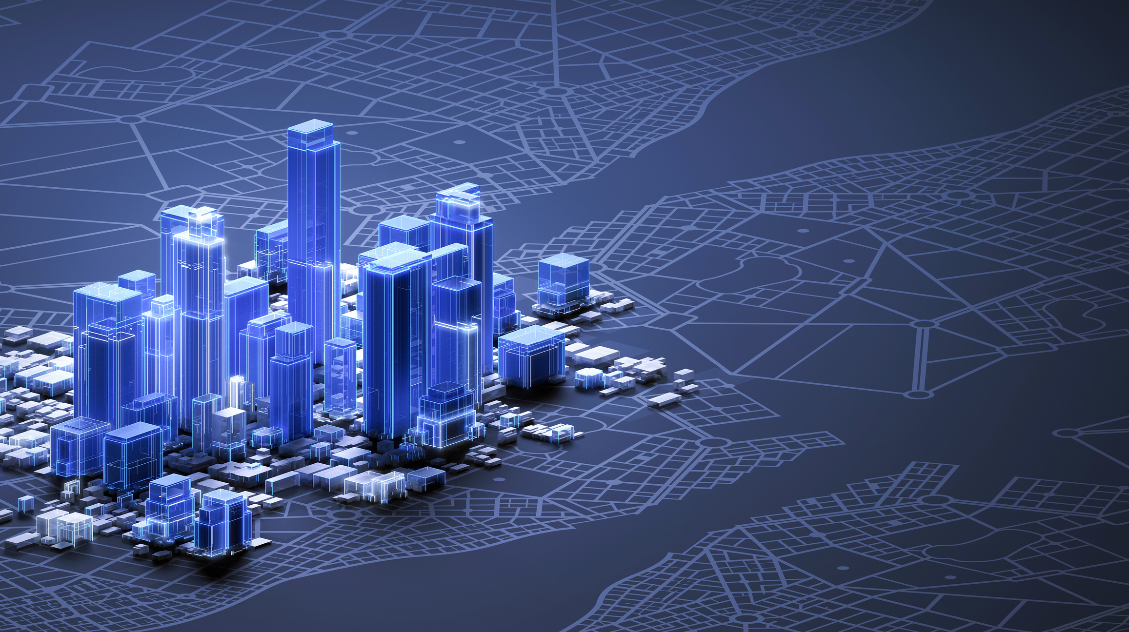 Aerial view of an abstract smart city downtown with office buildings, skyscrapers and business districts, with edges illuminated by white and blue glowing lights. Architectural model concept for construction industry, BIM, facility management, CAD architectural design. Dark background with diagram and city map, copy space on right side.